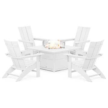 Modern Curveback Adirondack 5-Piece Set With Fire Pit Table, White