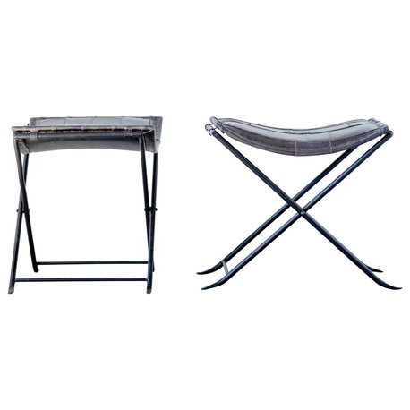 Collapsible Charcoal Leather and Metal Stool