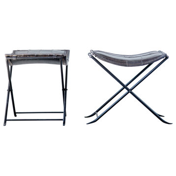 Collapsible Charcoal Leather and Metal Stool