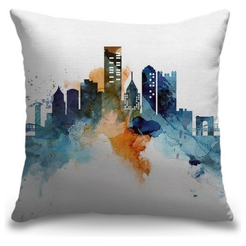 "Pittsburgh Watercolor Cityscape" Outdoor Throw Pillow 16"x16"