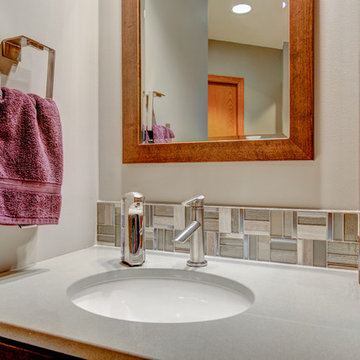 Recycled glass top and tile backsplash