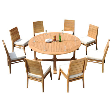 9-Piece Outdoor Teak Dining Set: 72" Round Table, 8 Char Stacking Armless Chairs