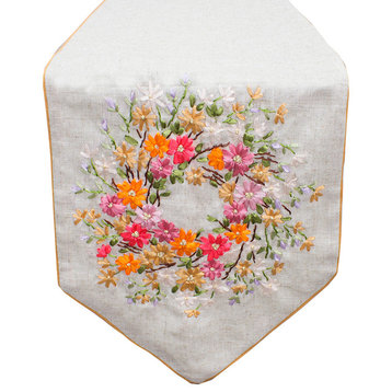Ribbon Embroidery Flower Linen Table Runner, 13"x72" Wildflower