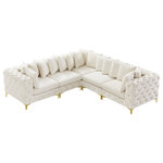 Meridian Furniture - Tremblay Modular Sectional, Cream, L-Shaped, 5-Piece: Armless (2), Corner (3) - Lean back and relax on this Tremblay sectional. Featuring soft cream velvet upholstery with deep button tufting, this sectional adds a bold touch to any living space. A complete set of gold and chrome legs are included, so you can change it up to suit your home decor. This sectional is modular, so you can create infinite configurations with it, which are easily attached using the latch underneath the frame. Its contemporary design is perfect for the modern home.