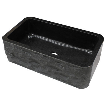 Single Bowl Kitchen Sink, Black Granite With Natural Chiseled Apron
