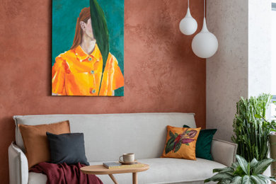 Источник вдохновения для домашнего уюта: гостиная комната среднего размера в современном стиле с оранжевыми стенами и бежевым полом