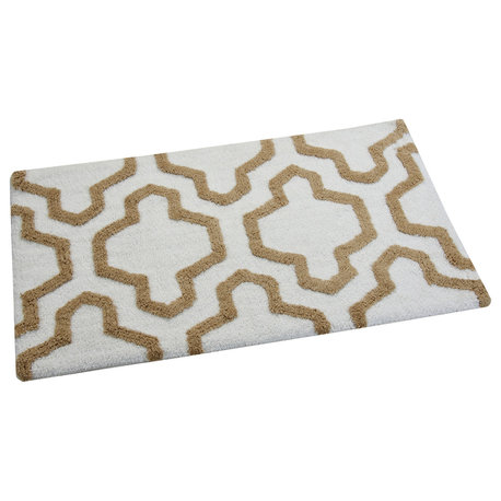 Anti-Skid Machine Washable Cotton Geometric Bath Rug, White/Beige, 24"x17" & 34"