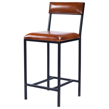 Beaumont Lane Rustic Industrial Leather and Metal Counter Stool in Brown