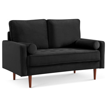 57" Black and Dark Brown Velvet Love Seat and Toss Pillows