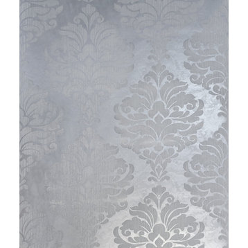 Flocking gray silver metallic Flocked Victorian velvet damask Wallpaper, Roll 40