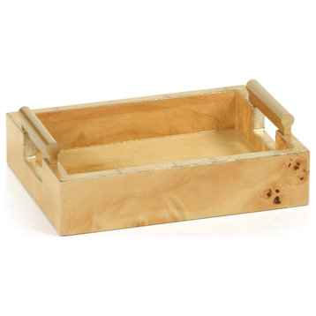Dubbo Burl Wood Rectangular Tray with Gold Handles, 9.5"