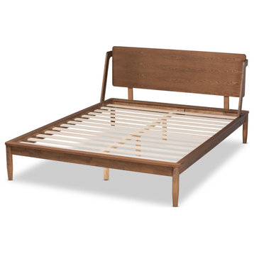 Retro Modern Full Platform Bed With Unique Wooden Panel Headboard, Ash Walnut