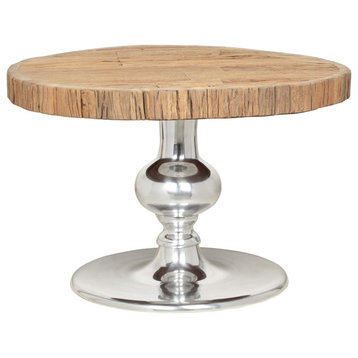 Unique Coffee Table, Shiny Silver Pedestal Base With Raw Wooden Round Top