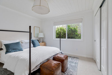 Inspiration for an expansive country bedroom in Other with white walls and carpet.