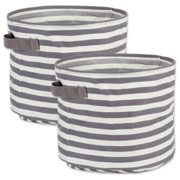 DII Round Modern Woven Cotton Medium Stripe Laundry Bin, Gray, Set of 2