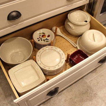 Traditional Mediterranean Off White Kitchen with custom wooden peg board drawer