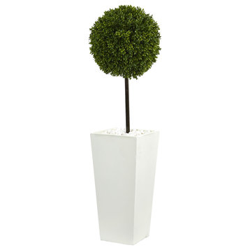 3.5' Boxwood Ball Topiary Artificial Tree, White Tower Planter