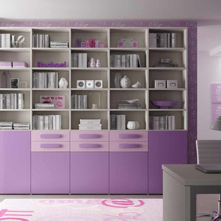 Inspiration for a medium sized modern home studio in Miami with purple walls and a freestanding desk.