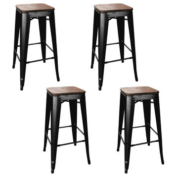Black Modern Bar Stool With Wood Seat, Set of 4