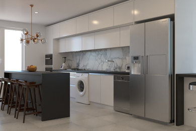 Kitchen - modern ceramic tile and gray floor kitchen idea in Toronto with a double-bowl sink, multicolored backsplash, stainless steel appliances and brown countertops