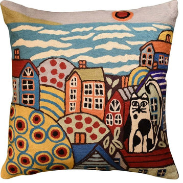 Sea Side Cat Karla Gerard Decorative Pillow Cover Handembroidered Wool, 18x18"