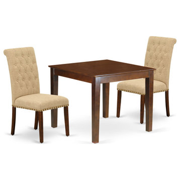 3-Piece Set, Kitchen Table, 2 Parson Chairs-Light Fawn Fabric, Mahogany