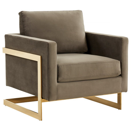 LeisureMod Lincoln Velvet Accent Arm Chair With Gold Frame, Dark Grey