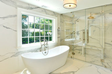 Mid-sized minimalist master gray tile, white tile and marble tile marble floor and white floor bathroom photo in New York with a hinged shower door and white walls