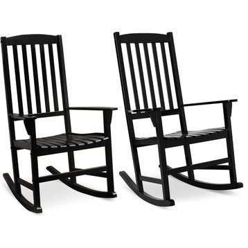 2 Pack Patio Rocking Chair, Mahogany Wood Frame and Slatted Seat, Black