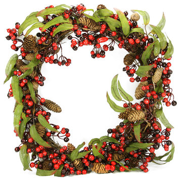 Red And Black Berry And Pine Cone Artificial Christmas Wreath, Unlit, 24"