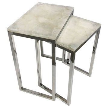 Stainless Rectangle Nesting Side Table with Brazil White Crystal Top, set of 2