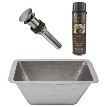 17" Rectangle Hammered Copper Bathroom Sink, Nickel, Drain & Accessories