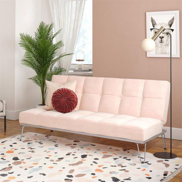 Armless Futon Sofa, Metal Base & Velvet Seat With Square Button Tufting, Pink