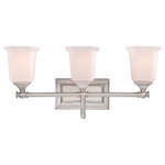 Quoizel - Nicholas 3-Light Bath Vanity, Brushed Nickel - This gleaming collection gives a solid nod to mid century style. The squared shape of the opal etched glass shades gives this design an edge and it is complemented beautifully by the rectangular backplate.