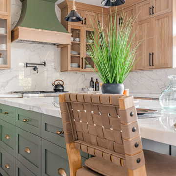Kitchen - Sage Green Island Cabinets with Marble Countertops