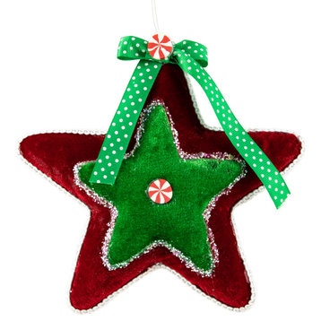 8" Red and Green Plush Glitter Peppermint Star Christmas Ornament