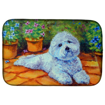 Bichon Frise On The Patio Dish Drying Mat, 14"x21", Multicolor