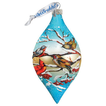 Hand Painted Scenic Glass Ornament Winter Bird Drop