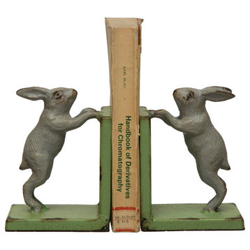 2-Tone Cast Iron Rabbit Bookends, Set of 2, Grey and Green