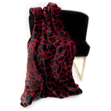 Red Black Plush Faux Fur Luxury Throw Blanket, Blanket 108Lx90W Full - Queen
