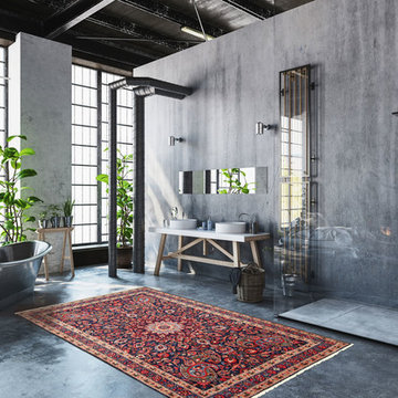 Persian Moud Rug in Industrial Bathroom