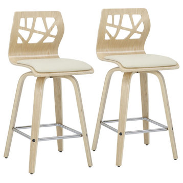 Folia Counter Stools, Cream PU and Chrome, Set of 2, Natural Wood