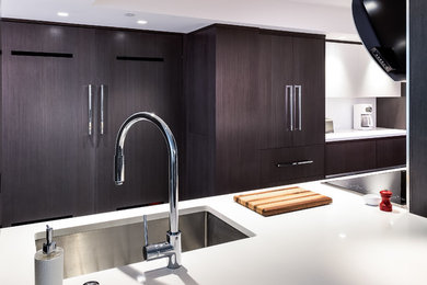 Inspiration for a large modern single-wall separate kitchen in Miami with an undermount sink, flat-panel cabinets, dark wood cabinets, stainless steel appliances, ceramic floors and with island.