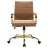 LeisureMod Benmar Mid-Back Swivel Leather Office Chair With Gold Base, Light Brown