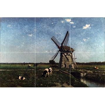 Tile Mural Landscape With Windmill Near Schiedam, Ceramic Glossy