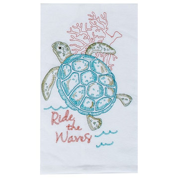 Ride the Waves Sea Turtle in Coral Embroidered Flour Sack Kitchen Dish Towel