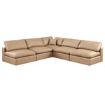 Meridian Furniture - Comfy Upholstered L-Shaped Modular Sectional, Tan, 5-Piece: 4 Armless Chair, 1 Corner Chair, Vegan Leather - Give your space a whole new look with this tan Comfy vegan leather sectional. This handsome sectional fits nicely with other items in the Comfy collection and is a versatile seating option designed for adaptability, comfort and style. Wrapped in rich tan durable vegan leathered upholstery, this sectional offers a plush embrace of overstuffed down feather cushions, carefully crafted to deliver the highest level of comfort. The perfect seat for creating an oasis for relaxation, this sectional has thick foam surrounding its frame for added support and coziness.