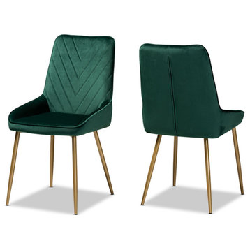 Glam and Luxe Green Velvet Fabric and Gold Finished Metal 2-Piece Chair Set