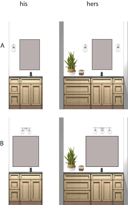 Offset vanity sinks + mirror/light combo opinions on these mockups?!