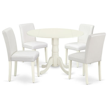 5Pc Round 42" Kitchen Table, Four Chair, Pu Leather Color White